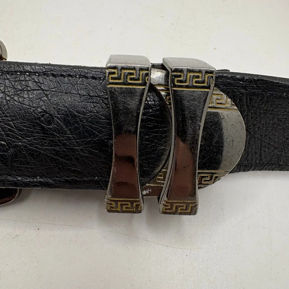 Vintage Lion Head Medusa Greek Key Black Ostrich‎ Leather Belt Size 38 Mens